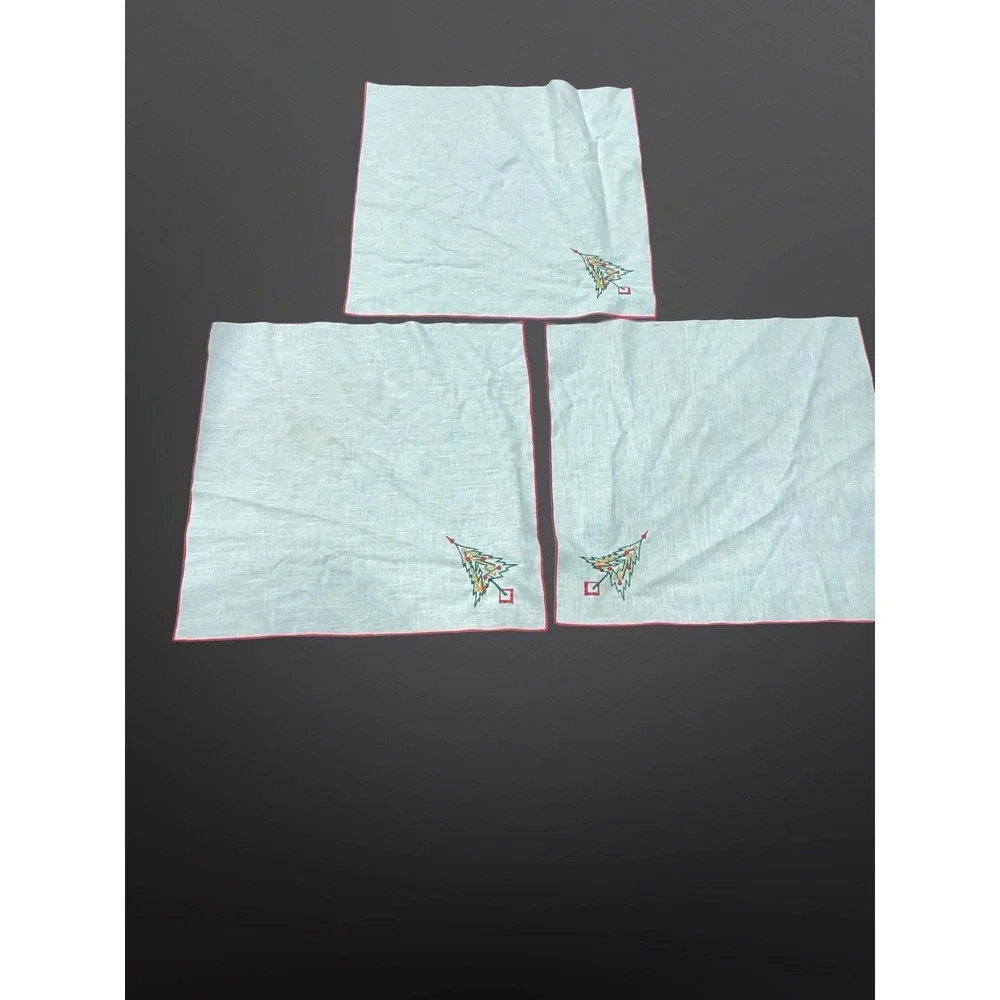 Vintage Christmas Embroidered Napkins Set of 3 Cotton Linen Red Trim MCM